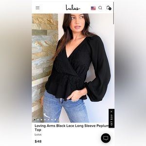 NWT Lulus Loving Arms black lace long sleeve peplum top. Women’s Size XL.